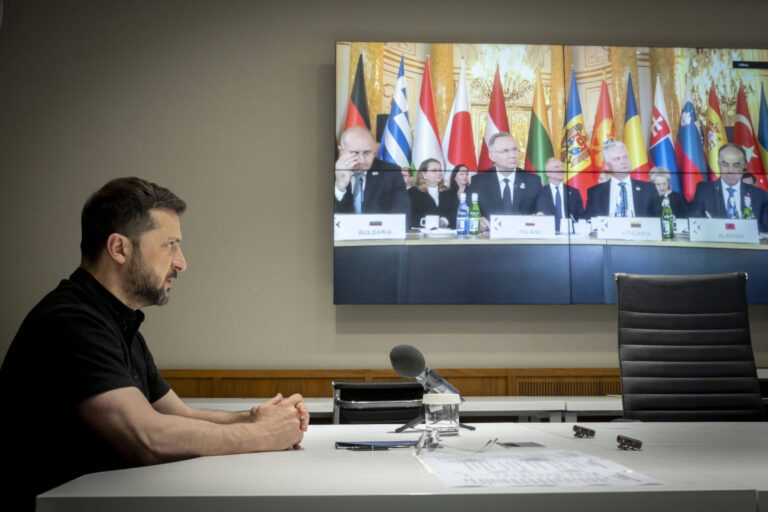 Ukraina president Volodõmõr Zelenskõi osalemas videokohtumise kaudu Kolme Mere Algatuse 10. plenaaristungil 29. aprillil 2025. Zuma Press / Scanpix